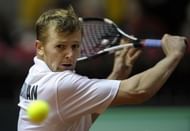Kazakhstan's Andrey Golubev returns during a Davis Cup match against Spain on February 12, 2012